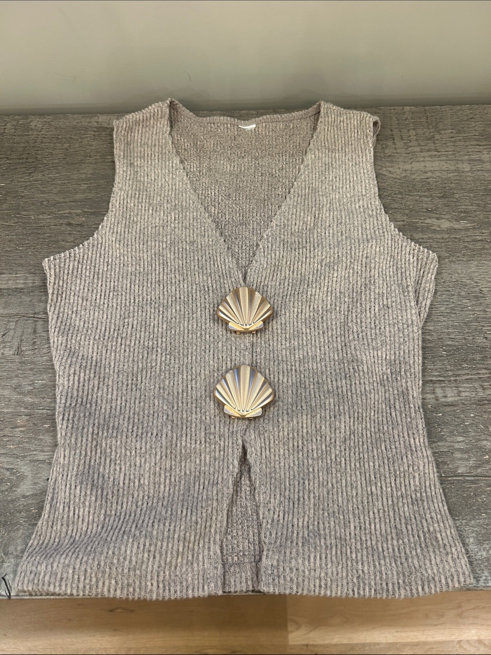 Sleeveless V-Neck Ribbed Knit Top in Taupe w gold shell embellishment
